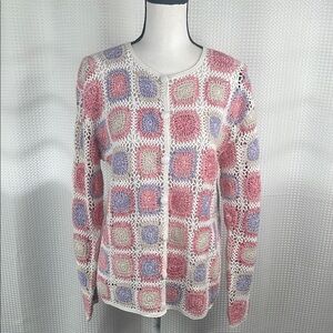 Appleseed’s Crocheted Cardigan Sweater Ramie Cotton Granny Squares Boho Sz M